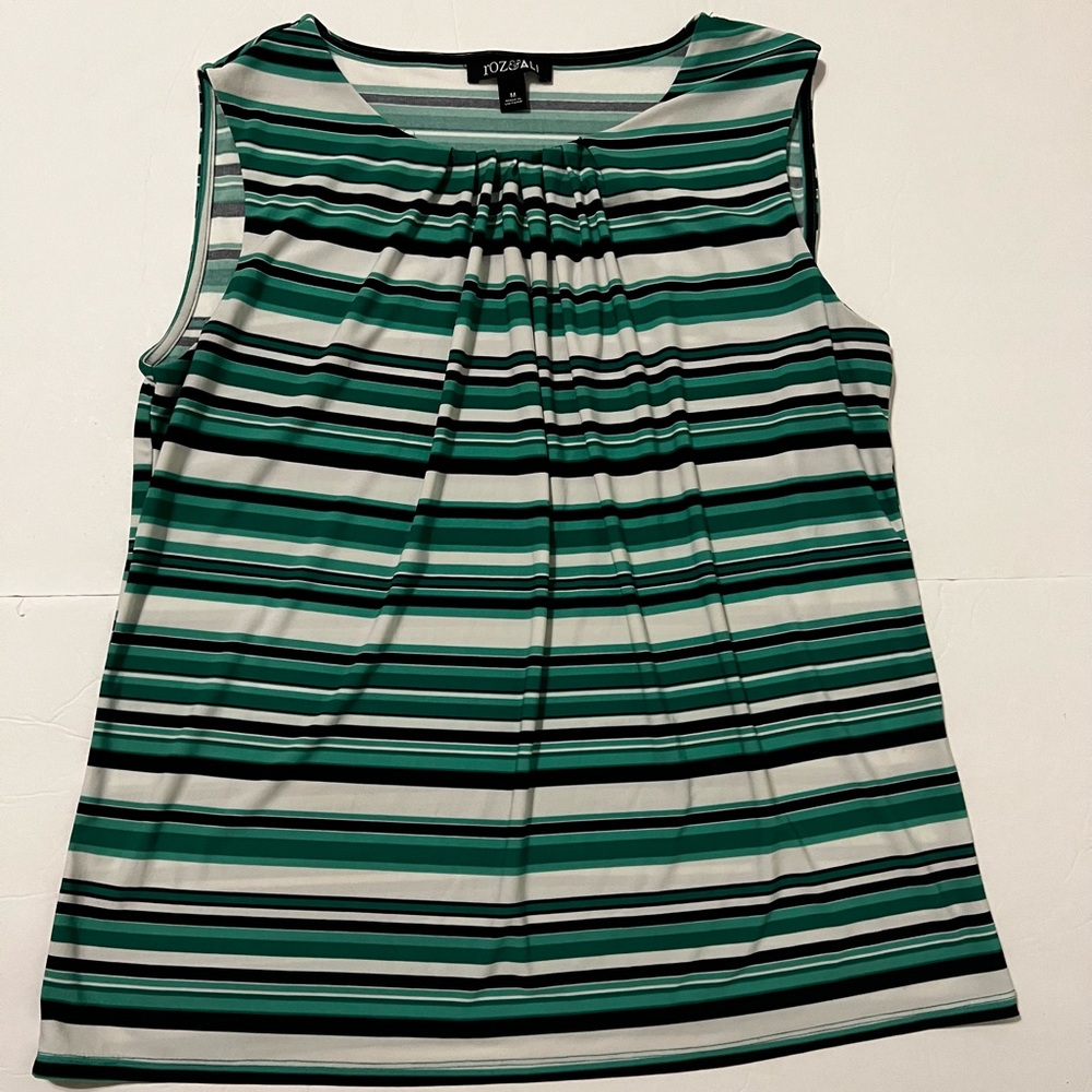 Roz and Ali Green Striped Sleeveless Blouse Women Size Medium